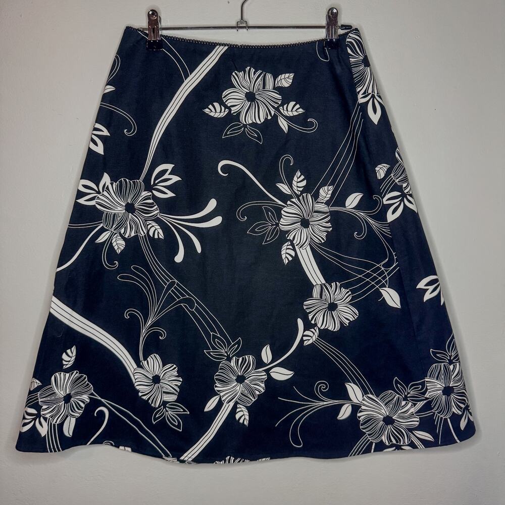 Vintage Valerie Stevens Black White Floral Midi Skirt A Line Stretch Size 4